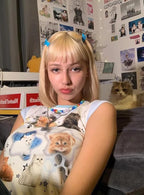 Womens Short Sleeve Cat Graphic Y2k T Shirts Summer Tees Tops for Teen Girls