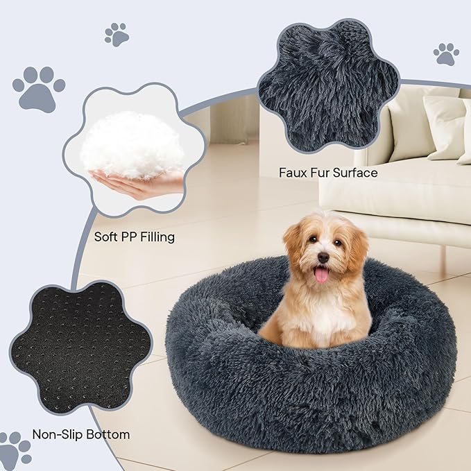 Calming Round Cute Cat & Dog Bed, Anti-Slip Washable Cozy Soft Round Pet Bed, Fluffy Faux Fur Plush Dog Cuddler Bed Fits up to 25 lbs Dogs and Cats(Donut Dark Grey, 24inch x 24inch)