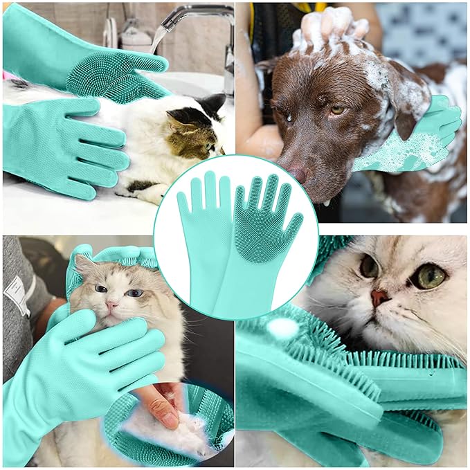 Pet Grooming Gloves - High-Density Silicone Gloves with Enhanced Five Finger Design for Washing, Bathing and Massaging Dogs and Cats (Green)