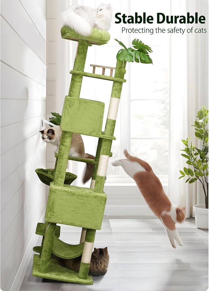 77in Large Cat Tower for Heavy Duty Big Cats, Tall Cat Tree with Leaves - Scratching Post, Two Cat Condos, Soft Hammocks, Padded Perches & Dangling Balls, Green
