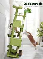 77in Large Cat Tower for Heavy Duty Big Cats, Tall Cat Tree with Leaves - Scratching Post, Two Cat Condos, Soft Hammocks, Padded Perches & Dangling Balls, Green
