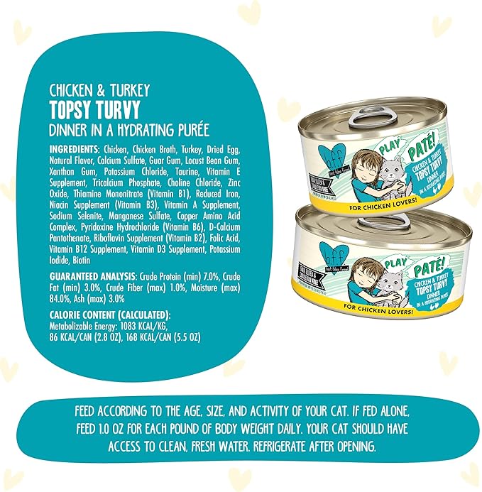 Weruva B.F.F. Play - Best Feline Friend Paté Lovers, Aw Yeah!, Chicken & Turkey Topsy Turvy with Chicken & Turkey, 5.5oz Can (Pack of 8)
