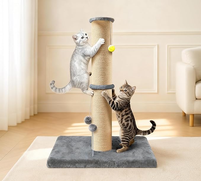 5-Inch Thick Sisal Cat Scratching Post, 36" Tall Cat Scratch Tower with Top Platform and Extra-Stable 20.8×15.9" Base, Durable Cat Scratcher for Indoor Cats, Gray