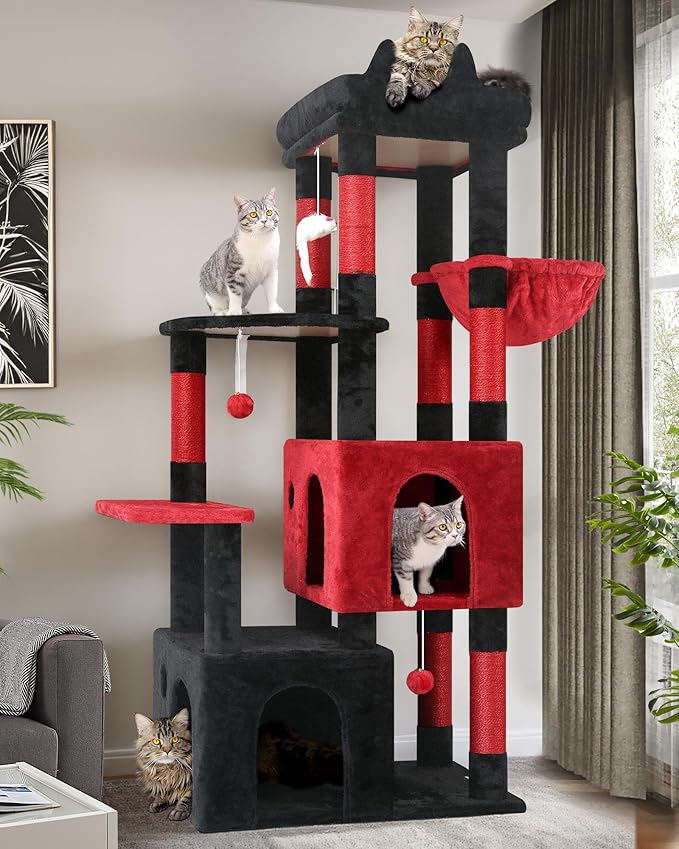 Globlazer Gothic Cat Tower for Indoor Cats, Heavy Duty Goth Cat Trees for Large Cats Adult Big Cats Maine Coon Cat Tree with Scratching Post, Extra Large Top Perch, Cat Condos, F61, Blood-Goth, 61inch