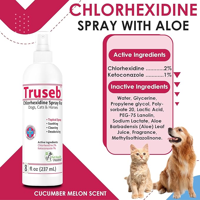 Truseb All Natural Chlorhexidine Spray Topical Ketoconazole and Chlorhexidine Spray for Dogs, Cats & Horses with Aloe Vera (USA) (Ketoconazole & Chlorhexidine Spray, 16 oz)