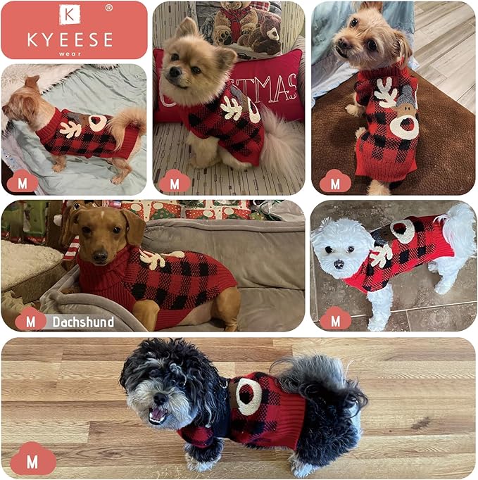 KYEESE Dog Christmas Sweater Reindeer Small Dogs Christmas Sweater Red Buffalo Check with Leash Hole Pet Sweater Dog Christmas Outfit Puppy Sweater,S
