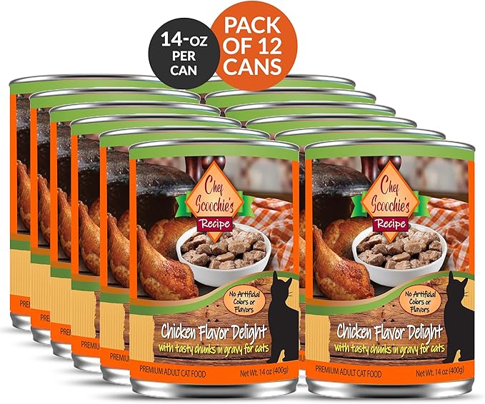 Chef Scoochie's Tender Chicken Chunks in Gravy Wet Cat Food - Easy Open Pop-Top Cans - Protein & Essential Nutrients - Gourmet Meal for Indoor & Outdoor Cats 12 Cans (14 oz e.)