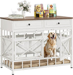IRONCK 44 inch Large Dog Crate Furniture, Wooden Dog Kennel with Storage Drawers for Medium/Large Dogs, Decorative Dogs Kennel Indoor, White and Walnut