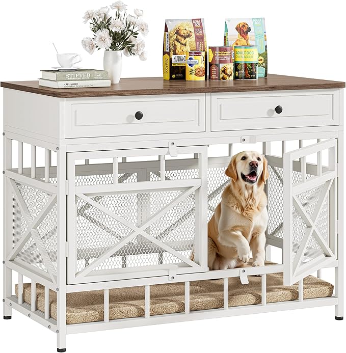 IRONCK 44 inch Large Dog Crate Furniture, Wooden Dog Kennel with Storage Drawers for Medium/Large Dogs, Decorative Dogs Kennel Indoor, White and Walnut