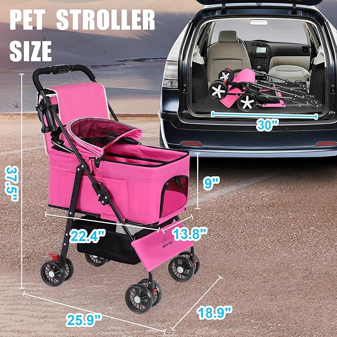 3 in 1 Pet Dog Stroller for Small Medium Dogs 10-50 lbs, Foldable Cat-Strollers for 2-Cats with Removable Carrier, Pet-Strollers for Cats with Storage Bag, Small Puppy-Stroller, Dog-Cart (Pink)