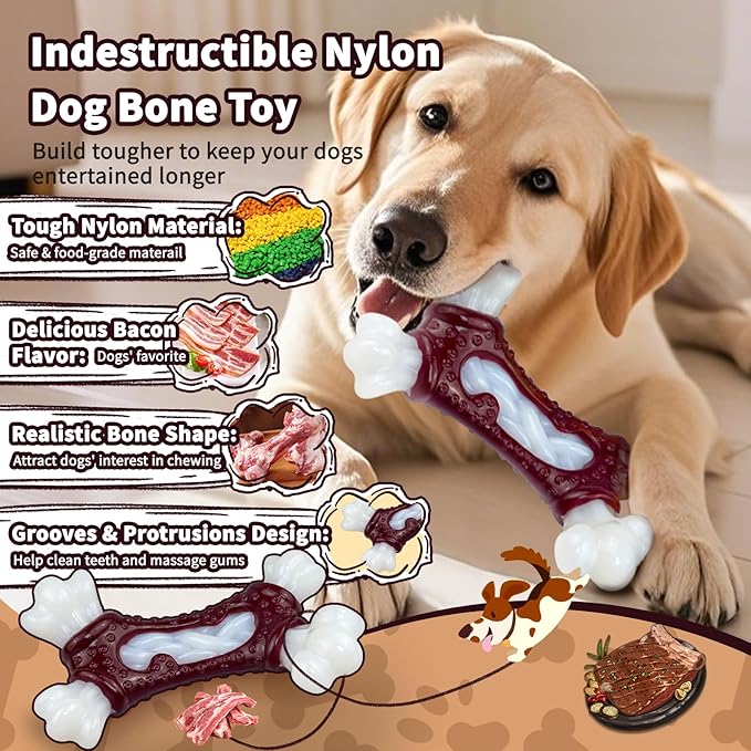 Dog Toys for Aggressive Chewers, Indestructible Dog Chew Toy for Large Dogs, Tough Dog Toys to Keep Them Busy for Small Medium Large Breed, Dog Chew Bone Toy, Bacon Flavor (Red Bone)