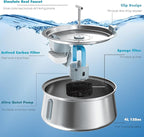 Stainless Steel Cat Water Fountain,Pet Water Fountain 4L/135oz Large Capacity,Dog Water Dispenser with Water Level Window, Multiple Filtration, Quiet Automatic Pet Fountain Easy Clean,2Faucet