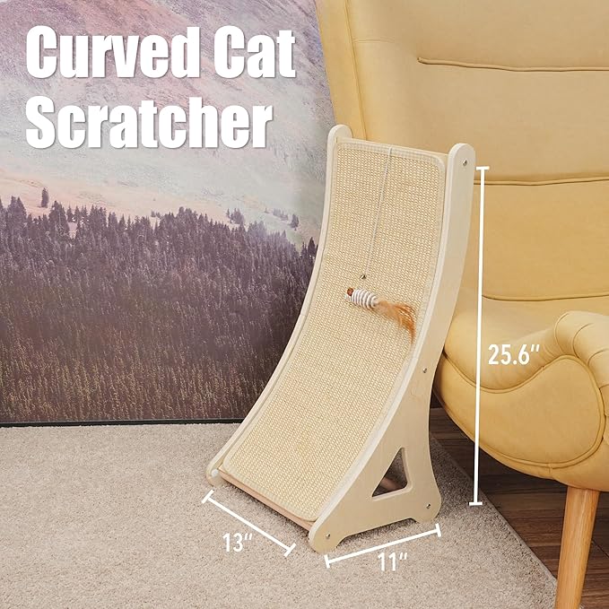 Curved Cat Scratcher, L-Shaped Sisal Cat Scratching Pad for Indoor Cats, 25.6" Cat Furniture Protector with Interactive Mouse Toy, Durable Scratch Board