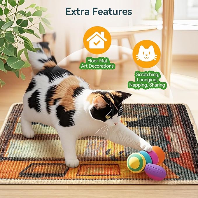 3-in-1 Sisal Cat Scratcher Mat 23.6x15.7 – Durable Scratch Rug for Floor & Wall with Sticker Tape, Protects Couch, Carpet & Furniture, Anti-Slip, Pet-Safe for Indoor/Outdoor Cats, Golden Afterglow