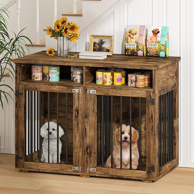 Furniture Dog Crate for Two Dogs, 41 Inch Furniture Style Dog Kennel with Removable Divider and Thickened Desktop, Heavy-Duty Base for Small to Medium Dogs, Rustic Brown