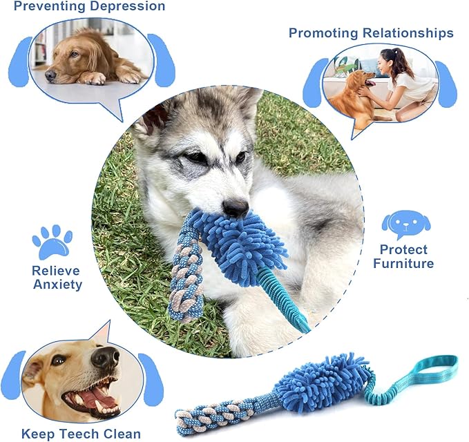 Dog Puppy Toys Dog Squeak Toys Plush Dog Toy with Dog Ropes Knots for Fun and Teeth Cleaning,Tug of War Toys, Puppy Chew Toys, Dog Rope Toys for Training Small, Large Dogs (Blue, Dog Bite Stick Toy)