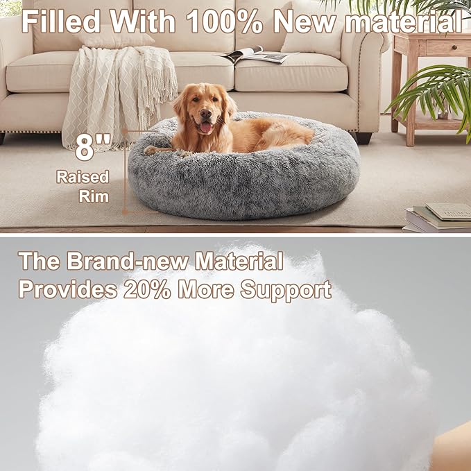 36 inches Donut Dog Bed for Large Dogs - Calming Fluffy Round Pet Bed with Removable & Washable Cover,Fits up to 100 lbs Pets (Dark Grey,Large)