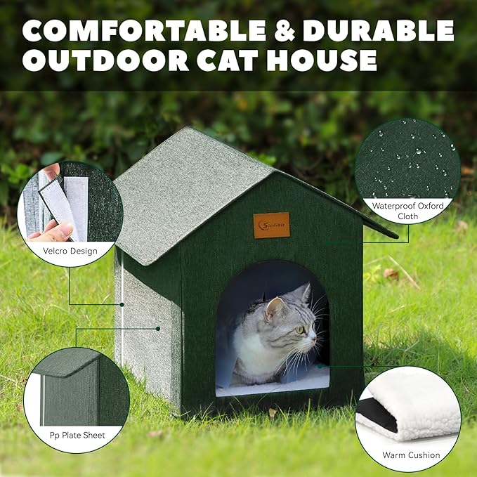 Outdoor Cat House Feral Cat Shelter,Outside Waterproof Cat House for Outdoor/Indoor Cats, Insulated Cat Bed for All Seasons with Cozy Cushion Easy to Assemble (Olive Green, floor spike style)
