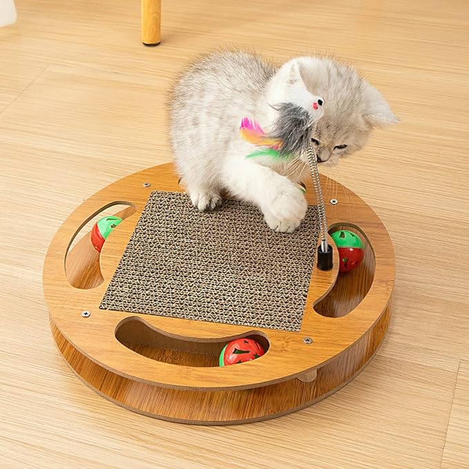 Cat Scratching Board with 4 Cat Bell Balls Toys and Spring Mouse Toy, Cat Scratcher Pad for Indoor Cats, Cat Scratcher Cardboard, Durable, Cat Self Groomer, Stable and Non-Slip, Eco-Friendly Wood