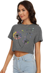 Womens Summer Crop Tops Short Sleeve Round Neck T-Shirts Loose Fit Casual Blouse