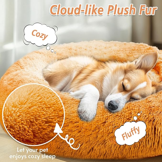 JOLLYVOGUE Calming Dog & Cat Bed for Small Dogs, Anti-Anxiety Donut Cuddler Cozy Soft Round Bed with Anti-Slip Bottom, Fluffy Faux Fur Plush Cushion Beds for Small Medium Dogs (27")