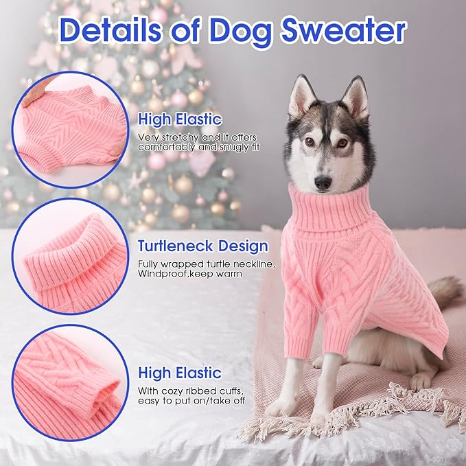 ASENKU Dog Sweater, Dog Sweaters for Medium Dogs, Warm Pullover Doggie KnitTurtleneck Warm Clothes for French Bulldog, Boston Terrier（Pink, L）