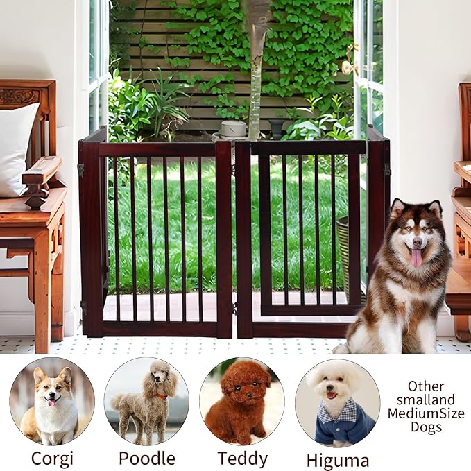 Wooden Freestanding Pet Gate, Pet Gate for Dogs, 29.5inch 4-Panel Wooden Dog Fence with 2 Support, Feet Folding Dog Gate for Indoor, Doorway, Stairs, Kitchen, 81.5“L×30”H (Brown)