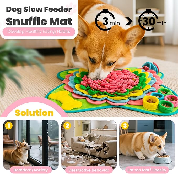 PETCARE Snuffle Mat for Dogs Interactive Enrichment Puzzle Toys for Small Medium Breed Dogs Cats Rabbits Cognitive Puppy Sniff Foraging Mats Mental Stimulation Treat Game Slow Feeder Mats, 19*19 inch