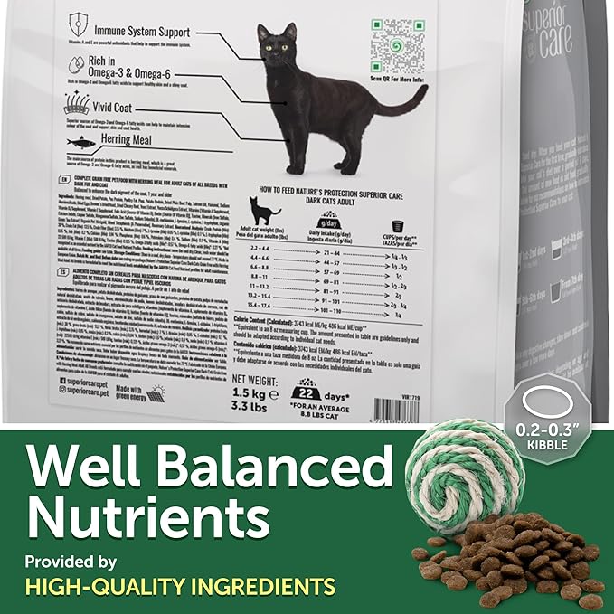 Nature's Protection Superior Care Dark Cats Grain Free Dry Cat Food with Herring, Adult All Breeds Dark Coated Cats, No Tear Stains, No Hairball 3.3 lb