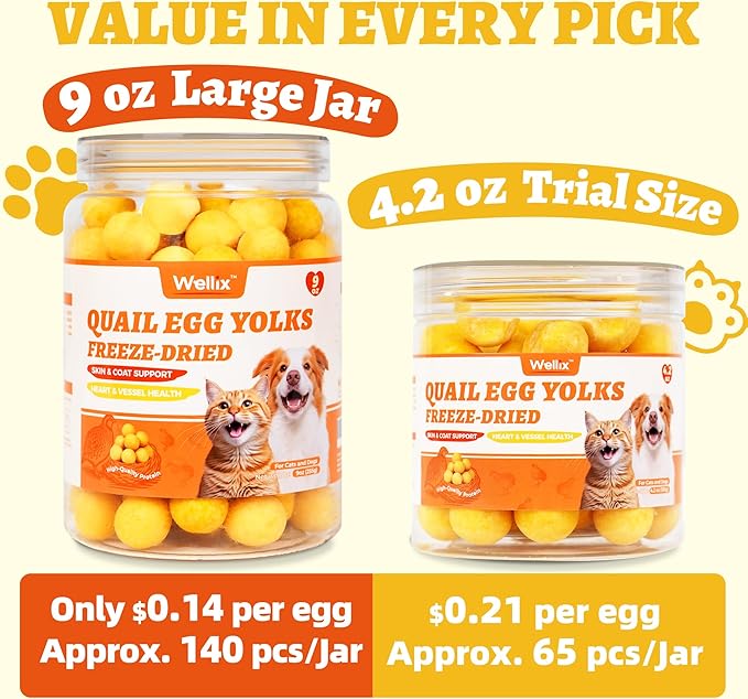Wellix Freeze Dried Quail Eggs for Cats&Dog Treats - High-Protein Quail Egg Yolk Freeze Dried Cat Treats for Skin&Coat Health - Delicious Training Snacks for Pets 4.2oz