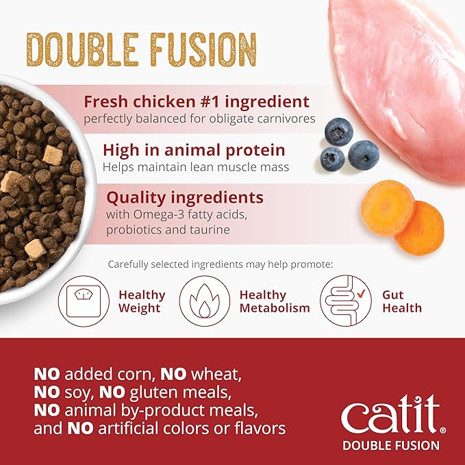 Catit Recipes Double Fusion Weight Control Cat Food – Chicken Recipe, High-Protein, Freeze-Dried Raw Toppings, No by-Products, Minimally Processed, Balanced Nutrition, 4 lb