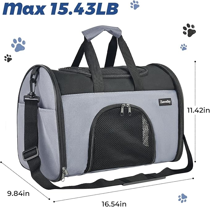 Zavothy Collapsible TSA Approved Pet Carrier for Cats & Dogs (Up to 15 Lbs, 16.54"x11.42"x9.84") – Soft-Sided Airline Travel Carrier, Grey