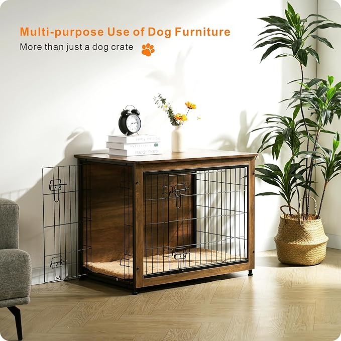 DWANTON Dog Crate Furniture with Cushion, Wooden Kennel Table with Double Doors, Indoor Dog House, Medium Size, 32.5" L, Warm Brown