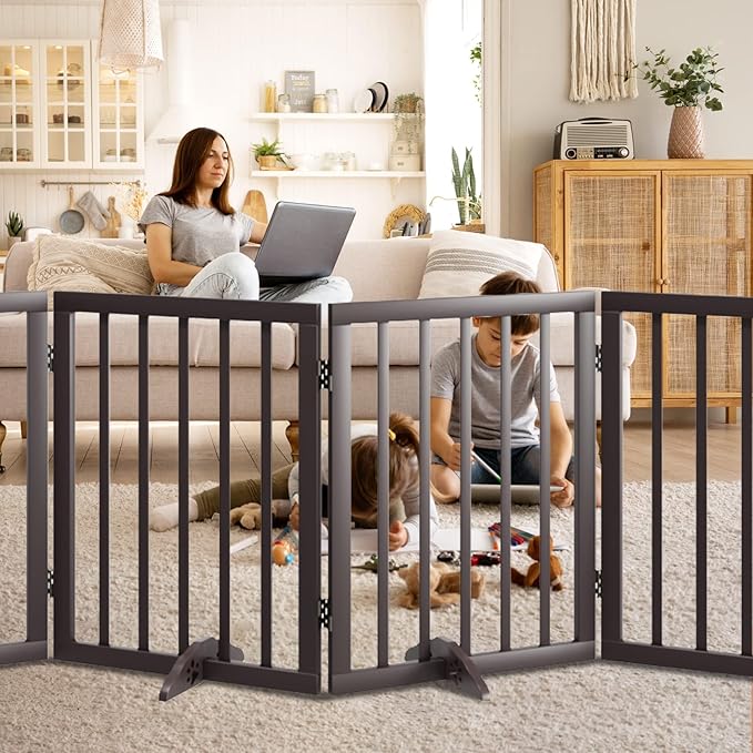 Semiocthome Wooden Freestanding Dog Gates for The House Extra Wide, 6-Panel Pet Gates for Puppy/Doggy with 4PCS Support Feet, Foldable 24“(H) Dog Fences Indoor, Expands Up to 9(ft) /113" (W)- Brown