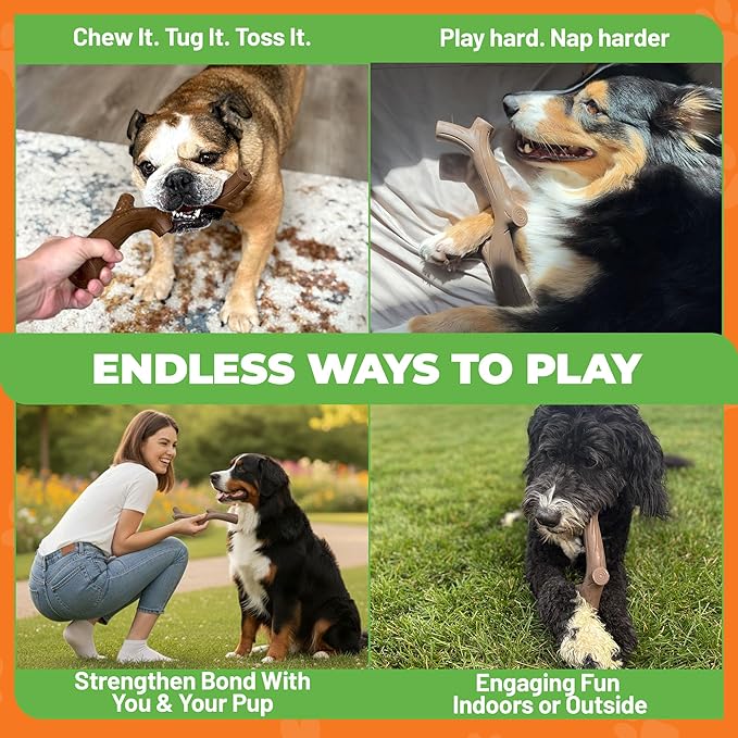 Natural Rubber Durable Dog Toys for Large & Medium Dogs Brown Bacon Flavored Curved Branch Shape Tough Chew Toy for Dogs Safe Tested & Non-Toxic Squeak Dog Toys