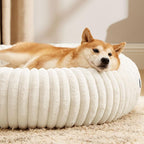 Bedsure Donut Large Dog Bed - Washable Faux Fur Dog Beds Large Sized Dog with Corduroy Fleece & Anti Slip Bottom, Round Pet Beds with Removable Cover, Cream, 36x36x10 inches