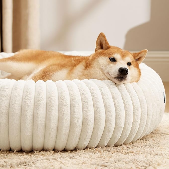 Bedsure Donut Large Dog Bed - Washable Faux Fur Dog Beds Large Sized Dog with Corduroy Fleece & Anti Slip Bottom, Round Pet Beds with Removable Cover, Cream, 36x36x10 inches
