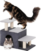 3-in-1 Pet Stairs for Cats, Dog Steps for Small Doggie,7.8'' Depth Cat Stairs,Indoor Cat Ladders for High Bed for Pet's Joints, Soft Plush, 1 Big Cat Condo Cave, Sisal Scratching Posts, Grey, Large