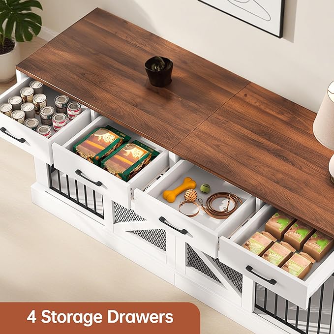 71" Large Dog Crate for 1 or 2 Dogs, Indoor Wooden Dog Cage with Removable Divider & 4 Storage Drawers - Heavy Duty Dog Kennel Furniture, Multi-Functional Pet Crates for Large/Medium Dogs,TV Stand