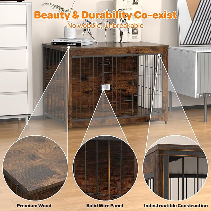 Dog Crate Furniture, Wooden Dog Crate 38in, Decorative Cage with End Table for Dog Indoor Kennel, High Anxiety Dog, Escape-Proof Locks for All Breeds