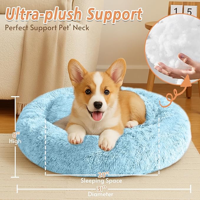 JOLLYVOGUE Medium Calming Dog Bed, Anti-Anxiety Donut Cuddler Cat Bed with Anti-Slip Bottom, Fluffy Faux Fur Machine Washable Pet Cushion for Medium Large Dog & Cat (31")