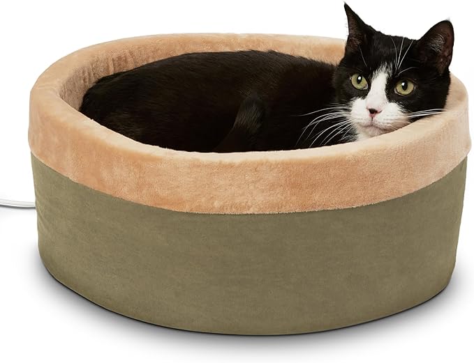 K&H Pet Products Thermo-Kitty Bed Heated Cat Bed for Indoor Cats , Electric Warming Bed for Cats and Small Dogs, Washable Thermal Plush Calming Round Pet Bed - Small 16" Sage/Tan