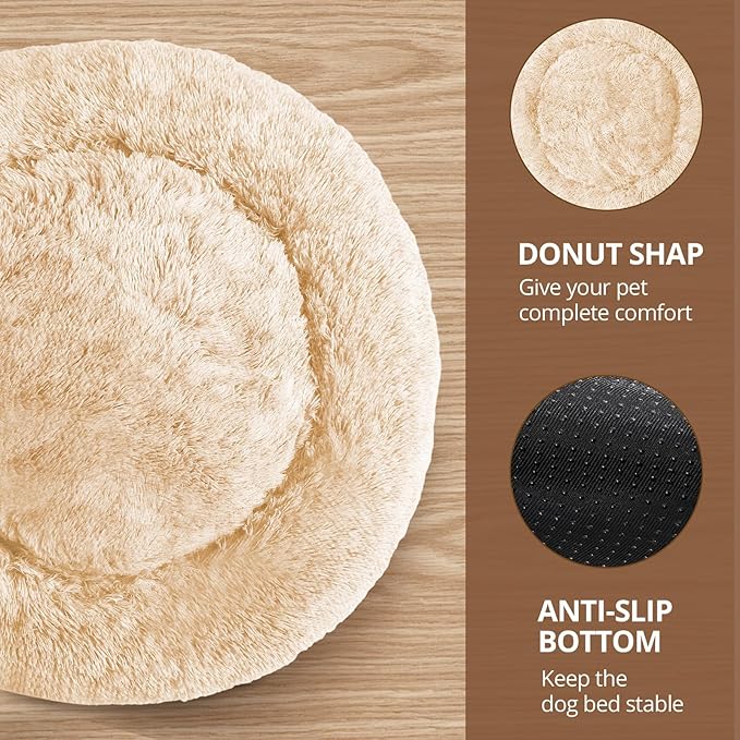 JOLLYVOGUE Calming Dog & Cat Bed for Small Dogs, Anti-Anxiety Donut Cuddler Cozy Soft Round Bed with Anti-Slip Bottom, Fluffy Faux Fur Plush Cushion Beds for Small Medium Dogs (27")