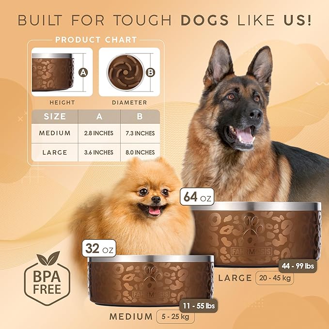 32 Oz Dog Bowl with Slow Feeder Insert Stainless Steel Pet Water Bowl for Medium & Large Breed Non Slip Rubber Base & Plastic Puzzle Feeder - Gold Leopard