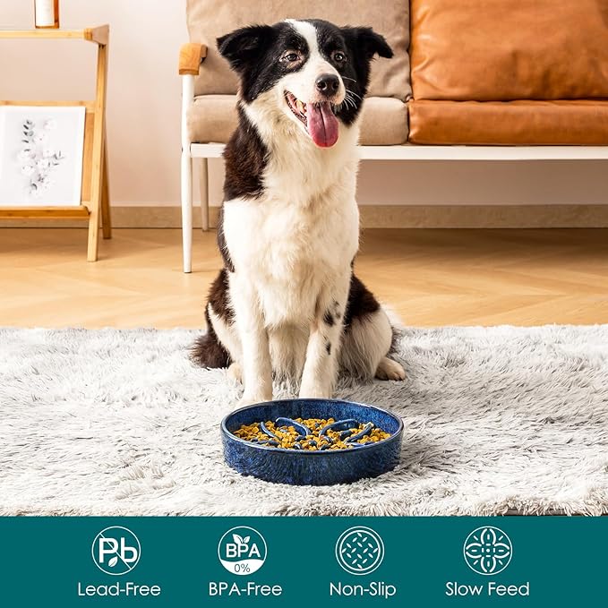 vancasso Ceramic Slow Feeder Dog Bowls, Puzzle Dog Food Bowls with Floral Maze, Anti -Slip Pet Food Dish for Large Breed, 3 Cups, Blue
