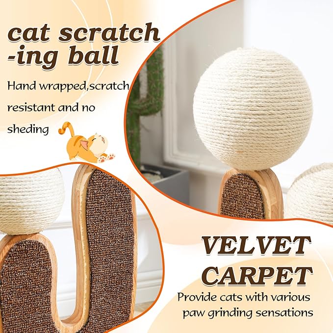Cactus-Shaped Cat Scratching Post with Cat Scratcher, Interactive Toy Balls, Handmade with Natural Materials, Cute Cat Scratching Post, Easy-to-Clean Cat Furniture