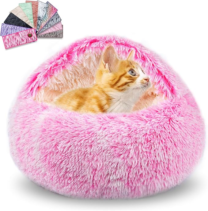 Calming Dog Beds & Cat Cave Bed with Hooded Cover,Washable Round Beds for Small Medium Pets,Anti-Slip Faux Fur Fluffy Coved Bed,Comfortable Warming Pet Bed (24 * 24inch,Pink)