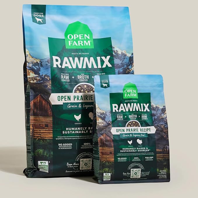 Open Farm, RawMix Grain-Free Dry Dog Food, Protein-Packed Kibble Coated in Bone Broth with Freeze Dried Raw Chunks, Chicken & Turkey, Open Prairie Recipe, 20lb Bag