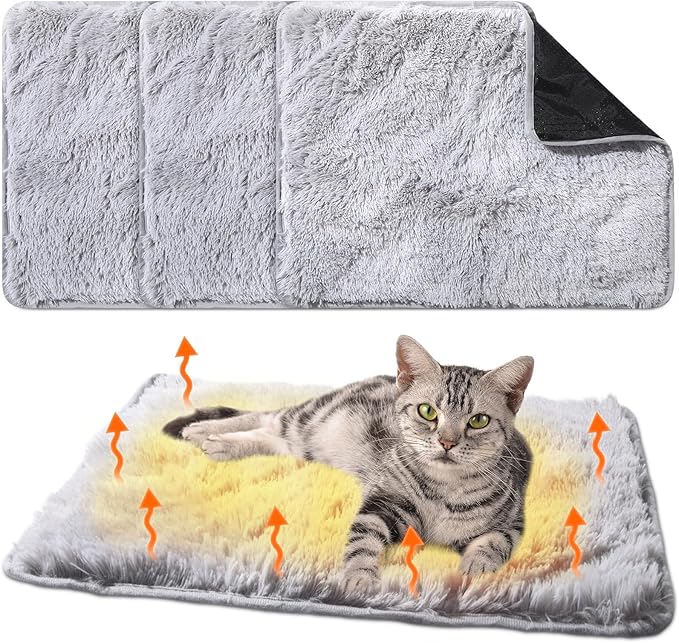 4 Pack Self Warming Cat Bed Pad Self Heating Cat Dog Mat with Fluffy Faux Fur Plush Cat Calming Bed Thermal Cat Mat Washable Pet Pad Anti Slip Bottom for Outdoor Indoor Pets(Gray,16" X 20")