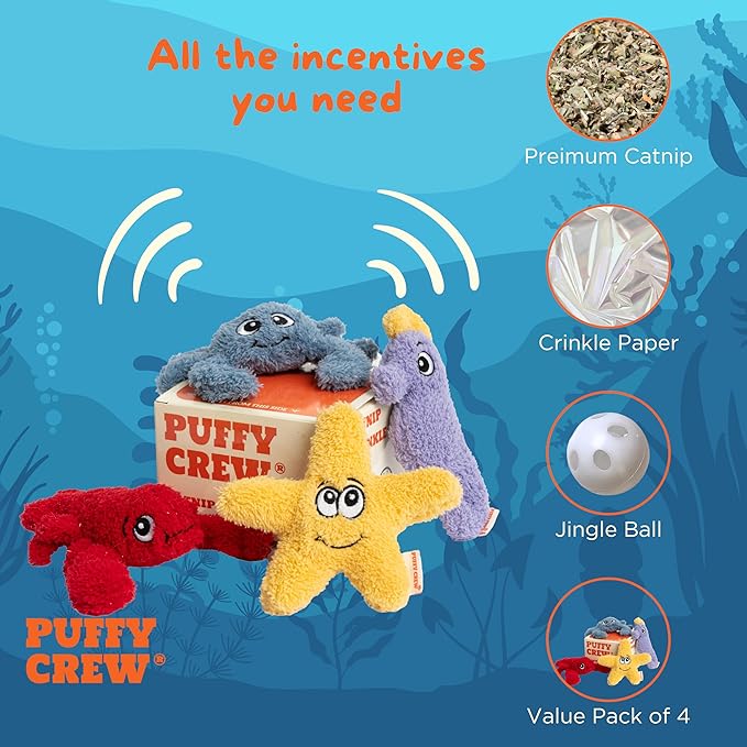 4 Pack Interactive Catnip Cat Plush Toy, Ocean Theme Set, 5'', for All Breed Size Cats (4 in 1)